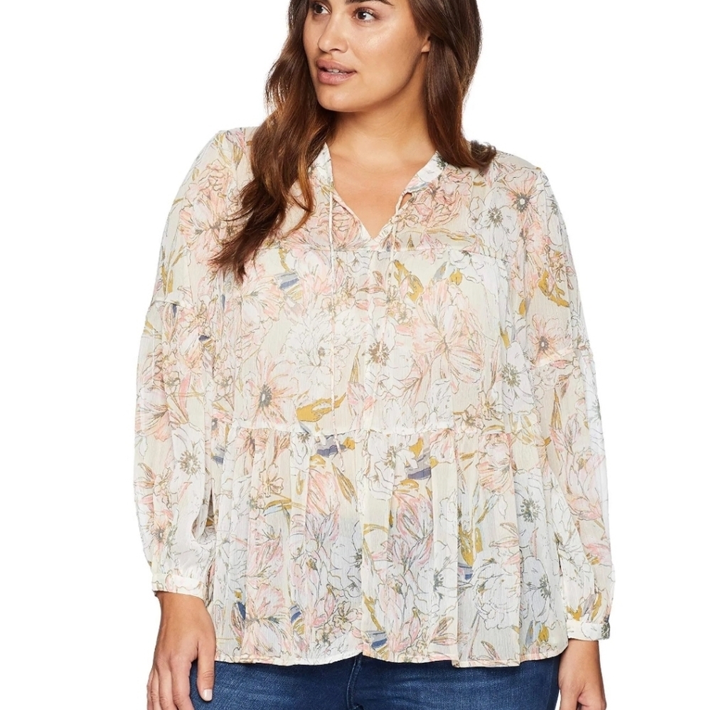 Lucky Brand Women's Floral Printed Peasant Top Plus Size 1X